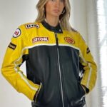 Vintage Y2k Leather Racing Biker Jacket Black Yellow