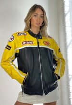 Vintage Y2k Leather Racing Biker Jacket Black Yellow