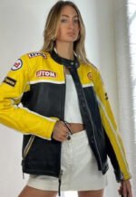 Vintage Y2k Leather Racing Biker Jacket Black Yellow