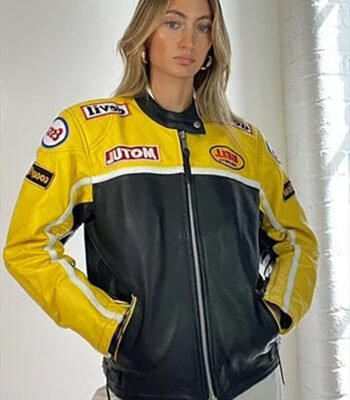 Vintage Y2k Leather Racing Biker Jacket Black Yellow