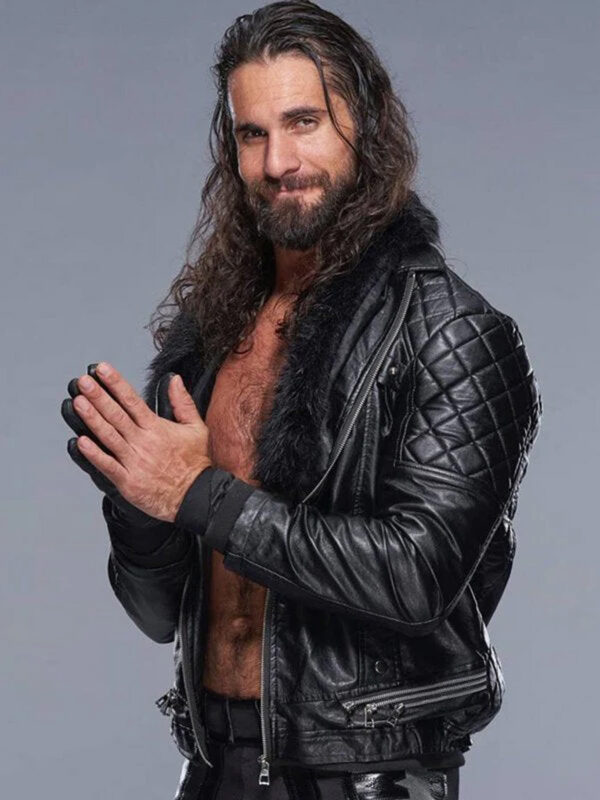 WWE Seth Rollins Faux Shearling Collar Stylish Black Leather Jacket