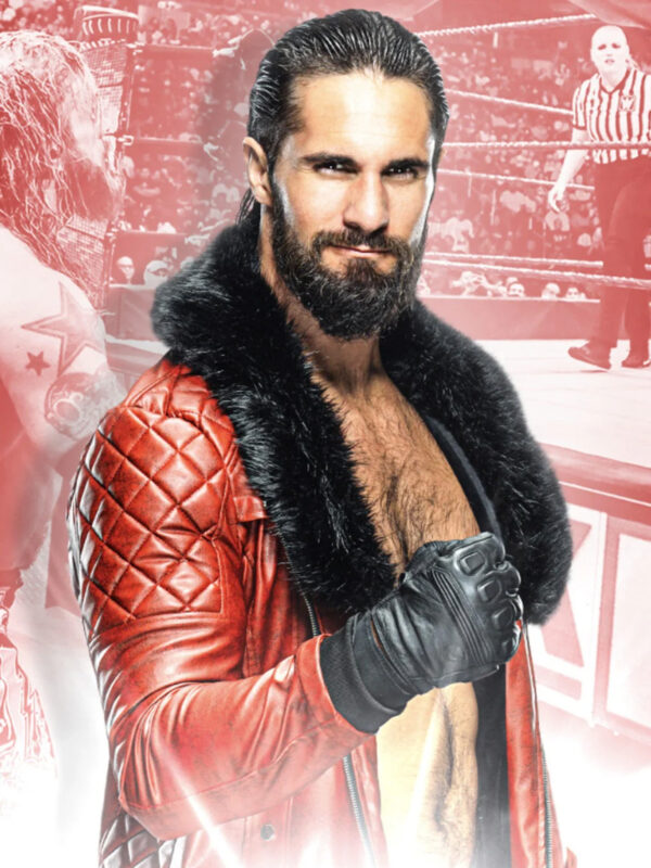 WWE Seth Rollins Faux Shearling Collar Stylish Red Leather Jacket