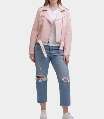 Water Repellent Leather Fashion Belted Moto Jacket Pink