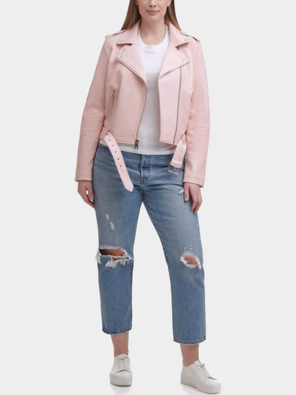 Water Repellent Leather Fashion Belted Moto Jacket Pink