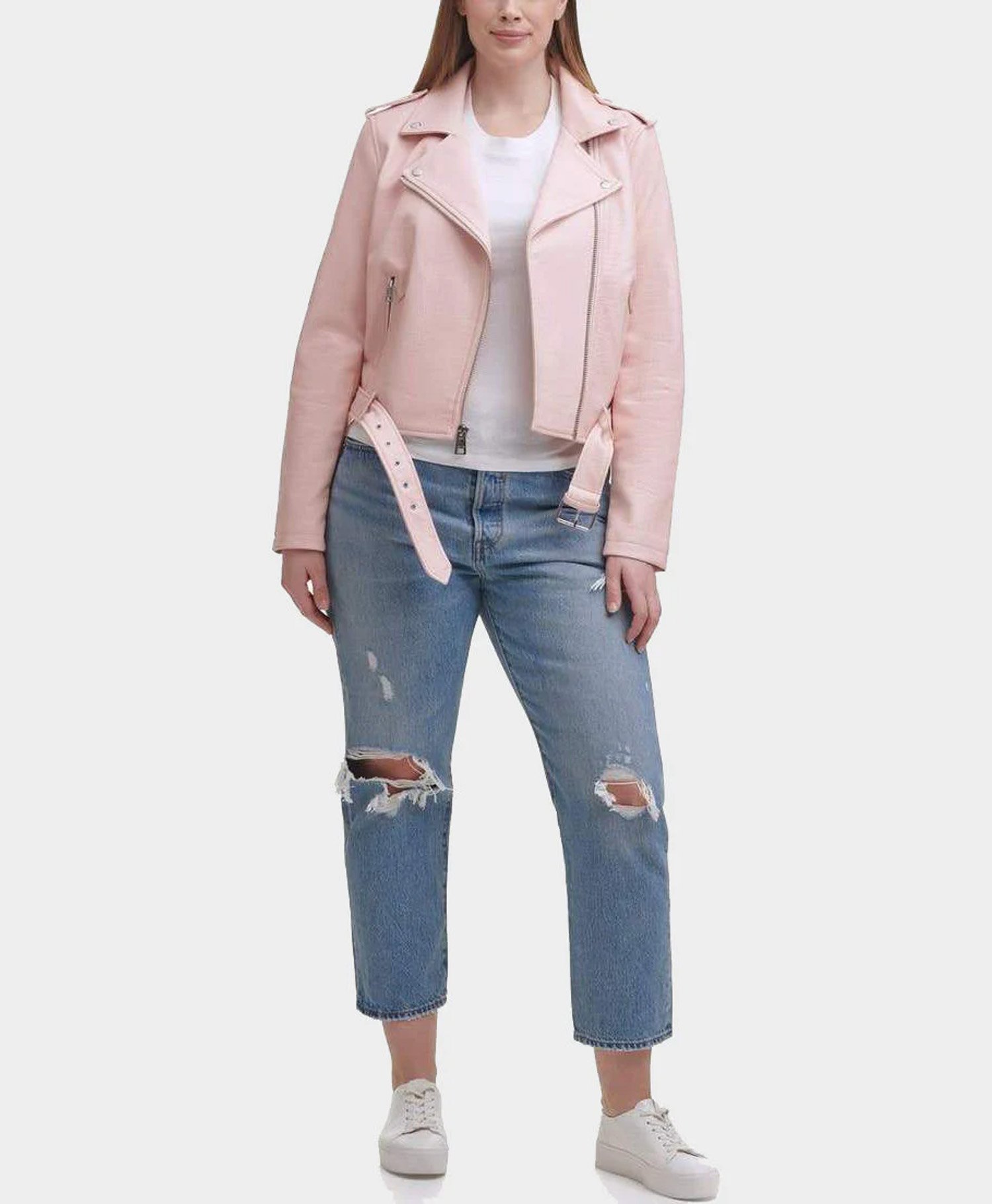 Water Repellent Leather Fashion Belted Moto Jacket Pink Water Repellent Leather Fashion Belted Moto Jacket Pink