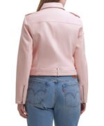 Water Repellent Leather Fashion Belted Moto Jacket Pink