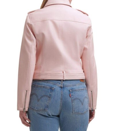 Water Repellent Leather Fashion Belted Moto Jacket Pink