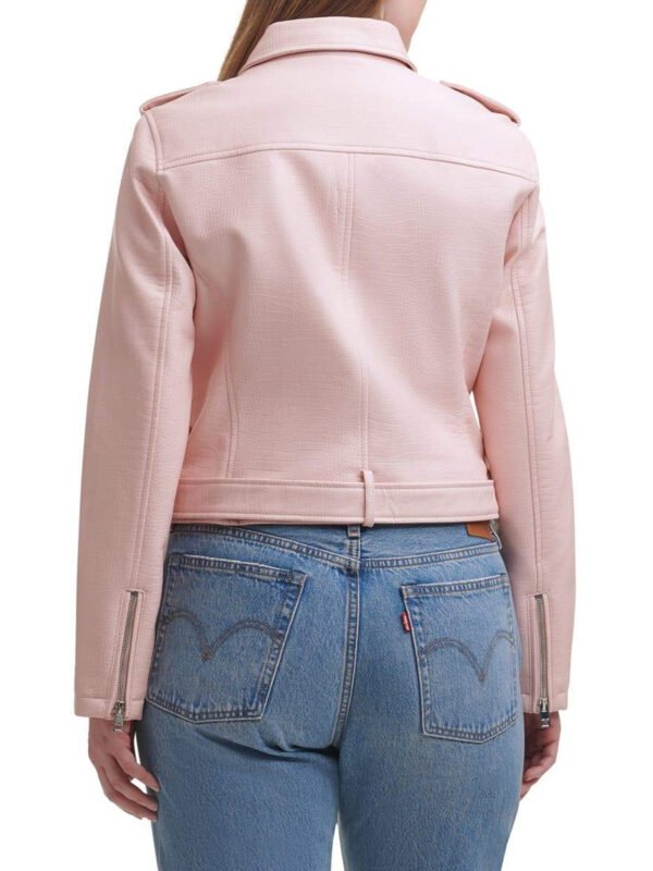 Water Repellent Leather Fashion Belted Moto Jacket Pink