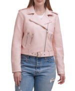 Water Repellent Leather Fashion Belted Moto Jacket Pink