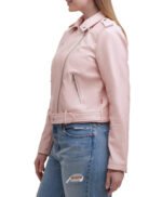 Water Repellent Leather Fashion Belted Moto Jacket Pink