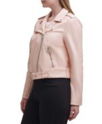 Water Repellent Leather Fashion Belted Moto Jacket Pink