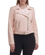 Water Repellent Leather Fashion Belted Moto Jacket Pink