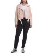 Water Repellent Leather Fashion Belted Moto Jacket Pink