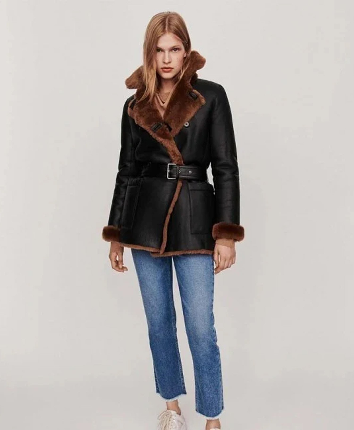 Winter Black Leather Faux Shearling Coat Winter Black Leather Faux Shearling Coat