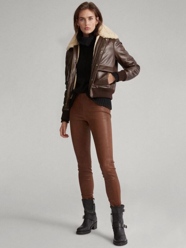Women Aviator Sheepskin Genuine Shearling Motorbike Leather Bomber Jacket