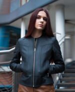 Women Black Casual Bomber Leather Jacket