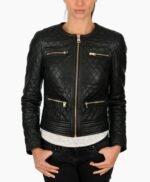 Women Black Genuine Lambskin Leather Quilted Jacket