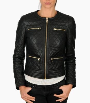 Women Black Genuine Lambskin Leather Quilted Jacket
