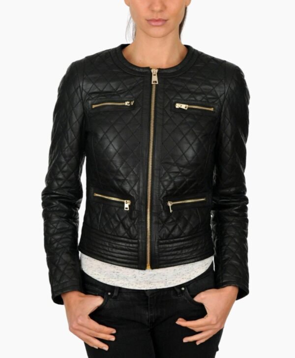 Women Black Genuine Lambskin Leather Quilted Jacket