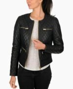 Women Black Genuine Lambskin Leather Quilted Jacket