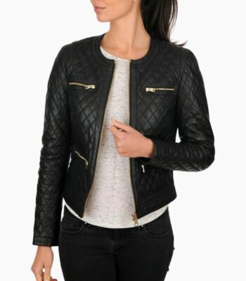 Women Black Genuine Lambskin Leather Quilted Jacket