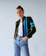 Women Black Solid Casual Tailored Motorcycle Biker Leather Jacket