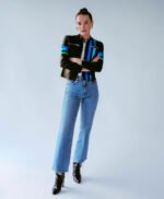 Women Black Solid Casual Tailored Motorcycle Biker Leather Jacket