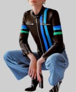 Women Black Solid Casual Tailored Motorcycle Biker Leather Jacket