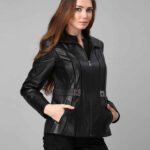 Women Black Stripes Leather Jacket