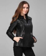 Women Black Stripes Leather Jacket