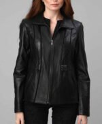 Women Black Stripes Leather Jacket
