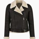Women Bomber Black Leather Jacket Genuine Fur Shearling