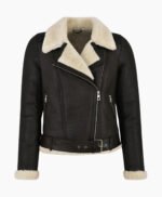 Women Bomber Black Leather Jacket Genuine Fur Shearling