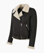 Women Bomber Black Leather Jacket Genuine Fur Shearling