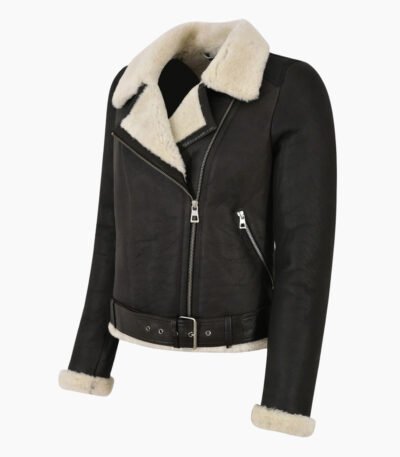 Women Bomber Black Leather Jacket Genuine Fur Shearling