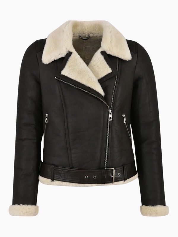 Women Bomber Black Leather Jacket Genuine Fur Shearling