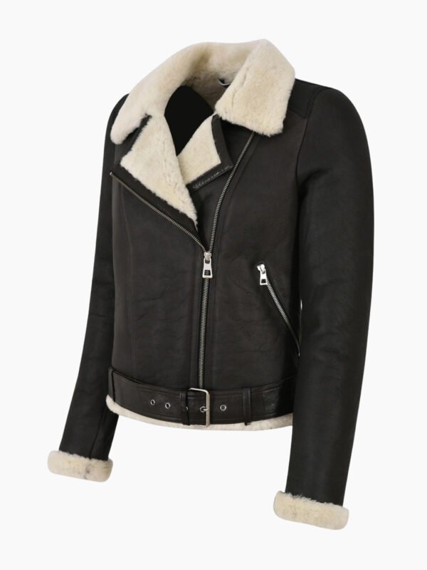 Women Bomber Black Leather Jacket Genuine Fur Shearling
