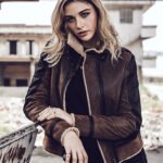 Women Bomber Leather Jacket with Genuine Fur Shearling