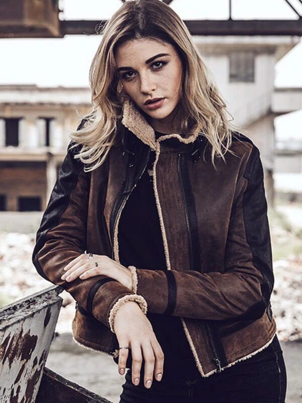 Women Bomber Leather Jacket with Genuine Fur Shearling