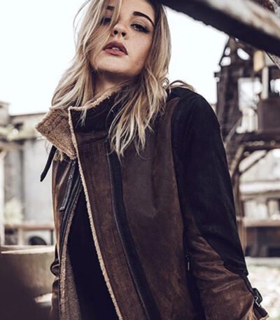 Women Bomber Leather Jacket with Genuine Fur Shearling