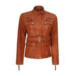 Women Brown Belted Leather Jacket