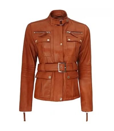 Women Brown Belted Leather Jacket