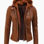 Women Brown Leather Jacket With Removable Hood