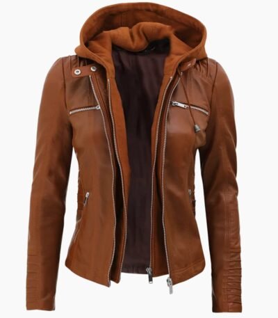 Women Brown Leather Jacket With Removable Hood