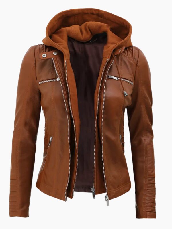 Women Brown Leather Jacket With Removable Hood