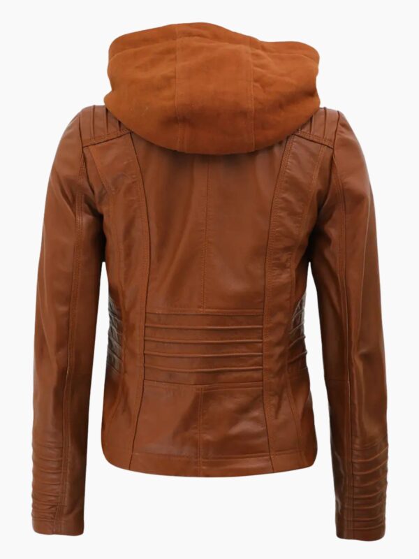 Women Brown Leather Jacket With Removable Hood