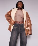 Women Brown Real Leather Belt Tie Aviator Jacket