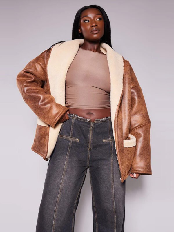 Women Brown Real Leather Belt Tie Aviator Jacket