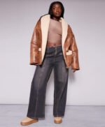 Women Brown Real Leather Belt Tie Aviator Jacket