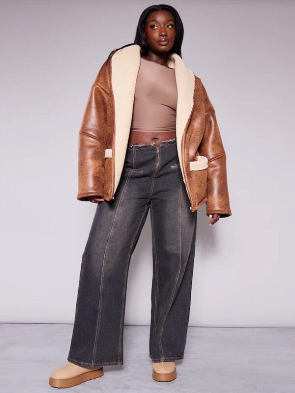 Women Brown Real Leather Belt Tie Aviator Jacket